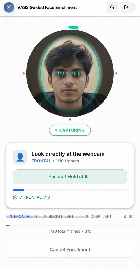 Video Attendance & Surveillance System Guided Face Enrollment, step 1 of 5: a live frontal capture inside an oval guide, marked Capturing, with frame progress.