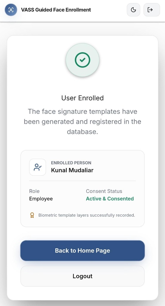 Video Attendance & Surveillance System enrollment complete: User Enrolled, role Employee, consent status Active and Consented, biometric template layers recorded.