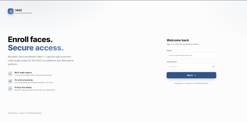Video Attendance & Surveillance System Face Enrollment Portal sign-in: “Enroll faces. Secure access.” with multi-angle capture, on-prem processing and privacy-first design.